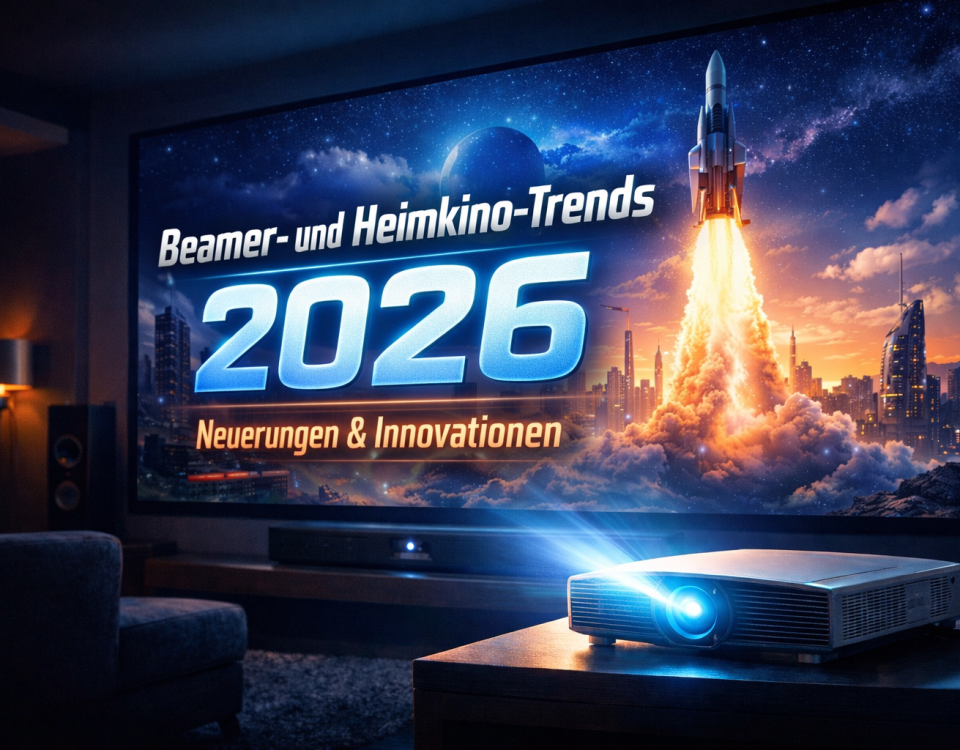 Modernes Heimkino mit Beamer und projiziertem Titel „Beamer- und Heimkino-Trends 2026 – Neuerungen & Innovationen