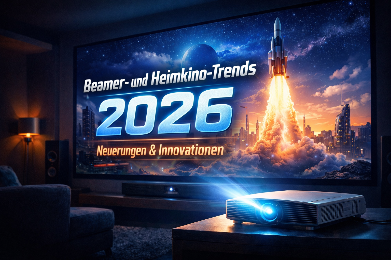 Modernes Heimkino mit Beamer und projiziertem Titel „Beamer- und Heimkino-Trends 2026 – Neuerungen & Innovationen