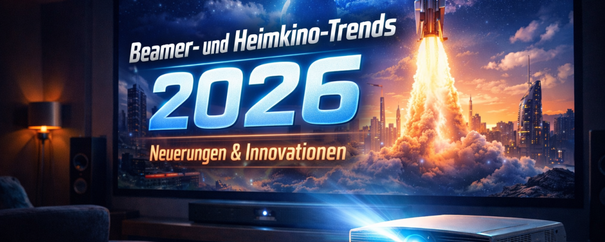 Modernes Heimkino mit Beamer und projiziertem Titel „Beamer- und Heimkino-Trends 2026 – Neuerungen & Innovationen