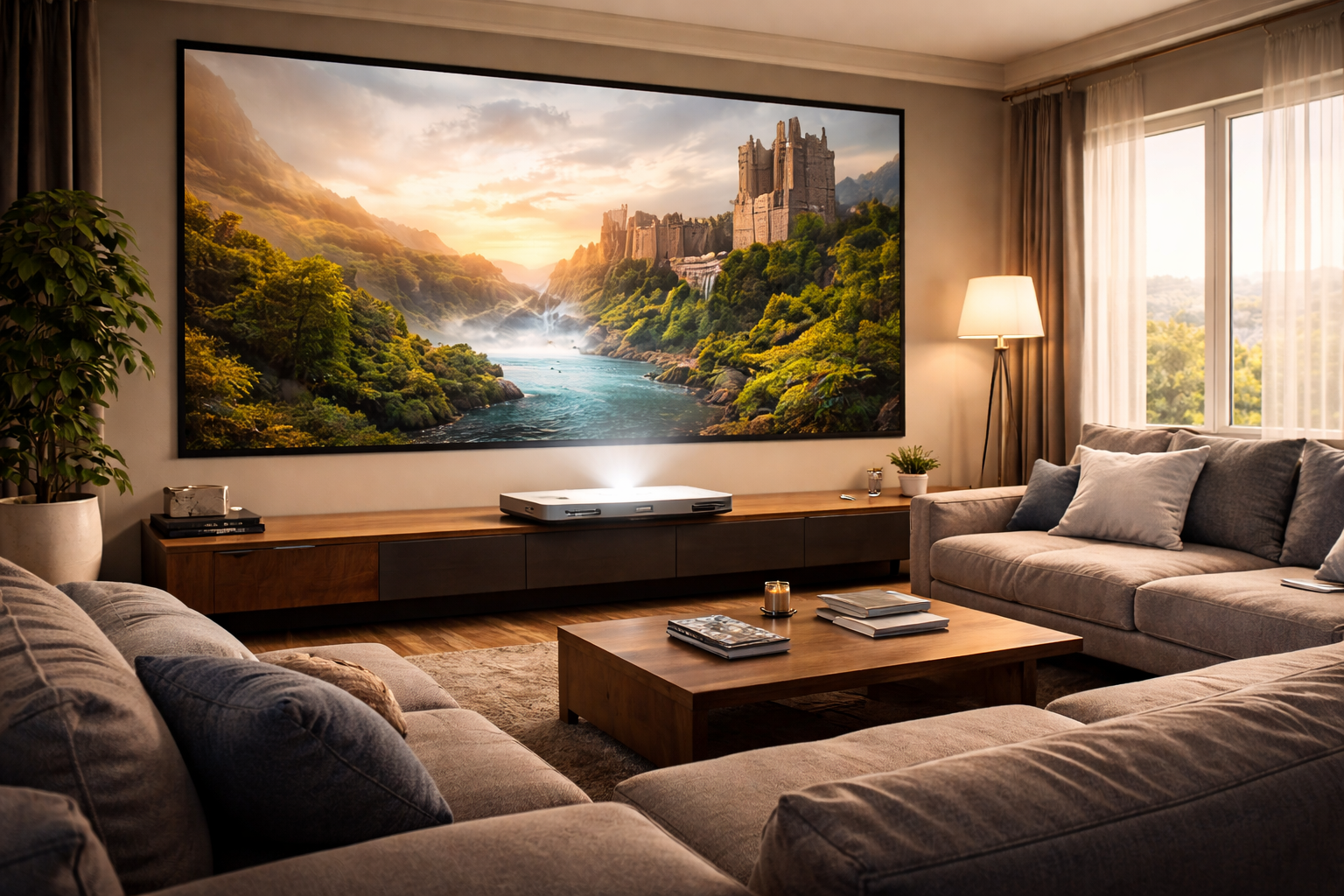 Ultra-Kurzdistanz-Beamer im Wohnzimmer mit großer Leinwand – Heimkino-Trends 2026