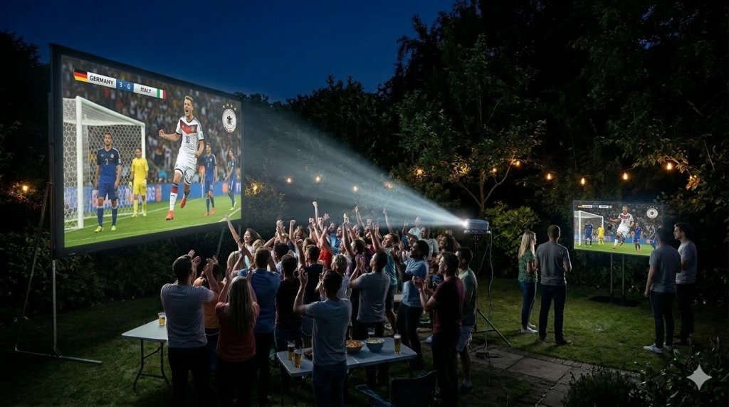 Vergleich Beamer und Fernseher im Garten zur WM 2026