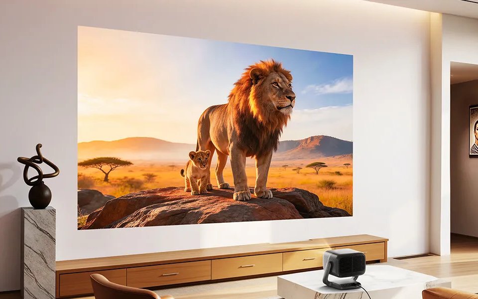 beamer helles wohnzimmer showroom tageslicht 960x600 - 4K-Beamer für helles Wohnzimmer 2026 — JMGO N3 Ultimate & Alternativen