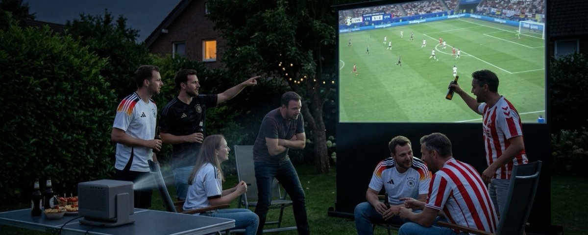 Gruppe von Fußballfans beim WM 2026 Public Viewing im Garten bei Nacht