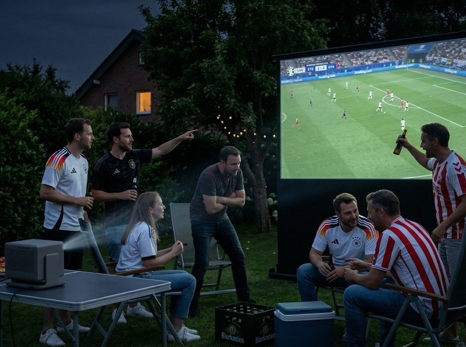 Gruppe von Fußballfans beim WM 2026 Public Viewing im Garten bei Nacht