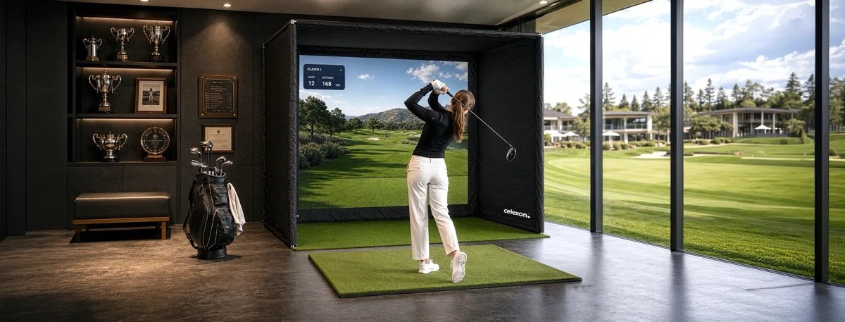 celexon FAIRWAY Professional Golf Simulator Abschlagbox  1200x457 - Golf-Simulator-Box kaufen & aufbauen: Maße, Tuch, Beamer, Tipps