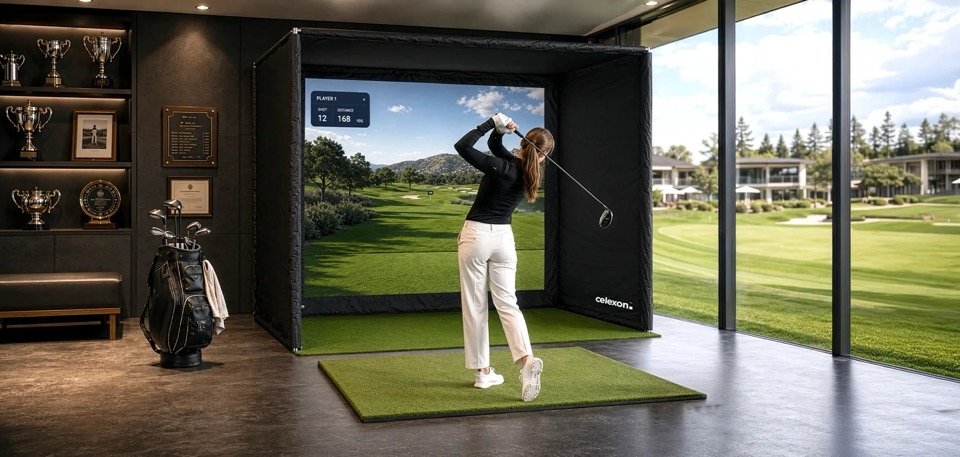 celexon FAIRWAY Professional Golf Simulator Abschlagbox  960x457 - Golf-Simulator-Box kaufen & aufbauen: Maße, Tuch, Beamer, Tipps