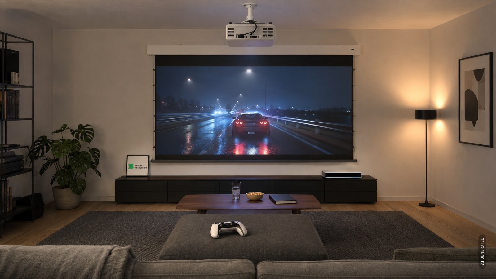 Heimkino-Beamer unter der Decke projiziert ein Rennspiel auf eine 120-Zoll-Leinwand im abgedunkelten Wohnzimmer, die PS5 steht auf dem Sideboard, der Controller liegt auf dem Hocker