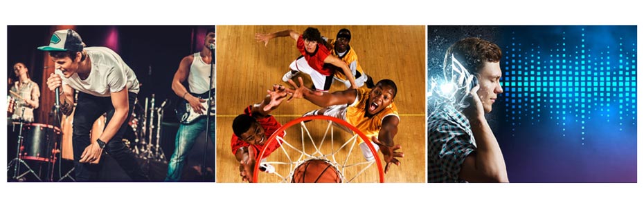 drei Modi im Vergleich links ein Konzertausschnitt daneben ein Basketballspiel und rechts ein Mann mit Kopfhörern als Beispiel für individuelle Einstellungen
