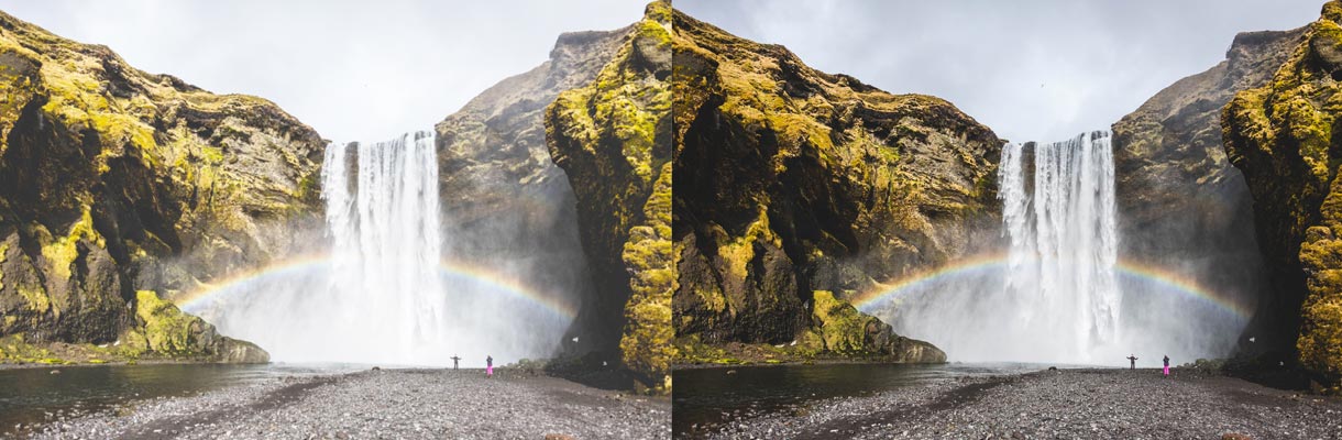 Landschaft mit Wasserfall und Regenbogen zweiteiliges Bild mit Vergleich - rechts 4K und links Full HD 