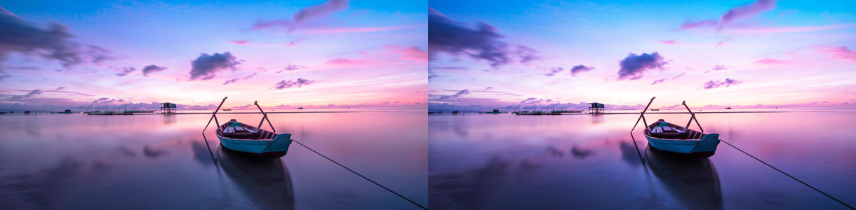 Kontrast im Vergleich Hintergrund ist ein See mit Segelboot am Abend rechte Seite mit erhöhtem Kontrast