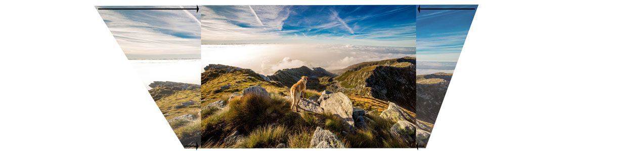 Darstellung einer Bildkorrektursoftware die das Bild in eine Quadartische Form bringt dargestellt auf einer Berglandschaft mit strahlendem Himmel