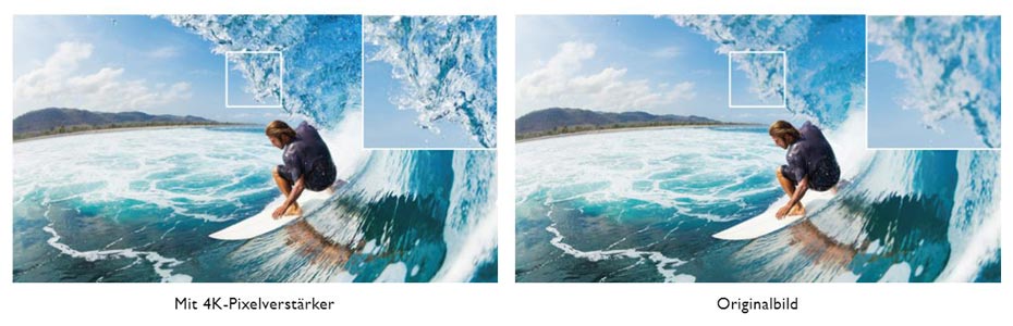 4K Bildoptimierung dargestellt anhand eines Surfers - links im Bild ist das Bild optimiert - rechts im Bild sieht man das Originalbild mit verschwommenen Details
