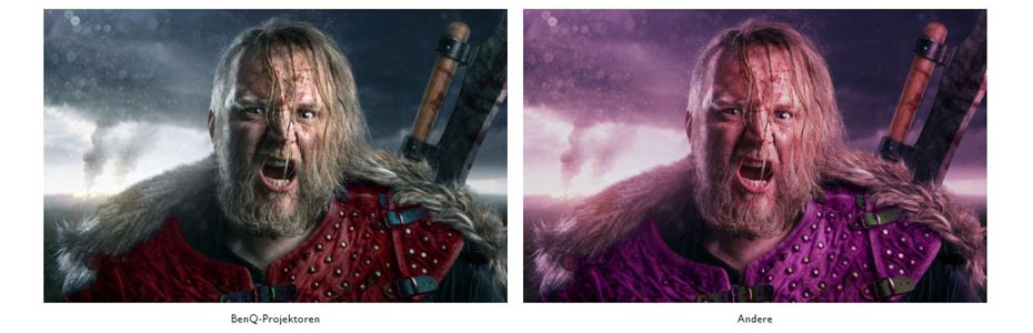 Cinematic Color Technologie im Vergleich - im Bild zu sehen ist ein Krieger/Wikinger der im rechten Bild unrealistisch und wirkt durch überzeichnete Farben - rechts sind die Farben schön satt