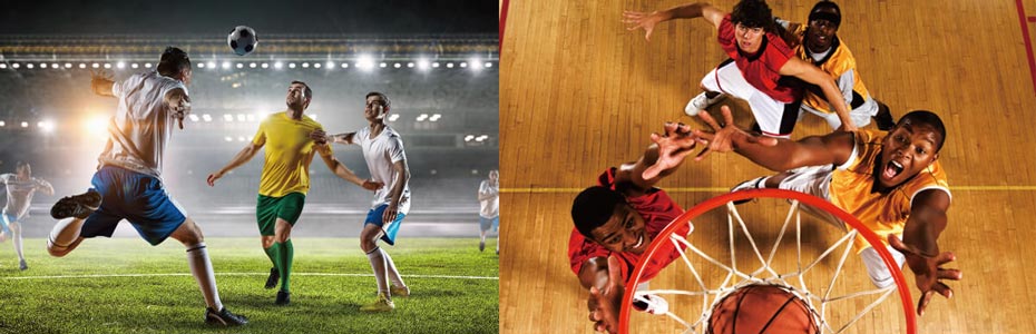 Sportmodus dargestellt mit Beispielbildern - im Vergleich links Fußballer und rechts Basketballer 
