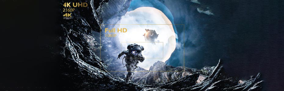 4K UHD Auflösung im Vergleich zu FULL HD Auflösung dargestellt anhand eines Astronauten der durch eine Höhle läuft