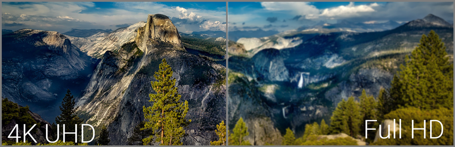 Horská krajina s porovnáním rozlišení - vlevo rozlišení 4K UHD - vpravo rozlišení Full HD