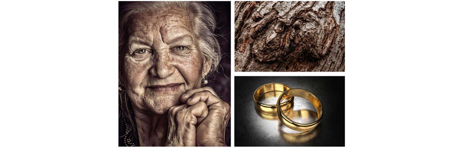 Funktionsumfang von HDR Pro - eine ältere Dame mit ausgeprägten Gesichtszügen und feinen Haaren, ein Baum im Detail mit einer sehr ausgeprägten Ansicht der Rinde und ein paar goldene Ringe auf dunklem Grund die realistisch schimmern