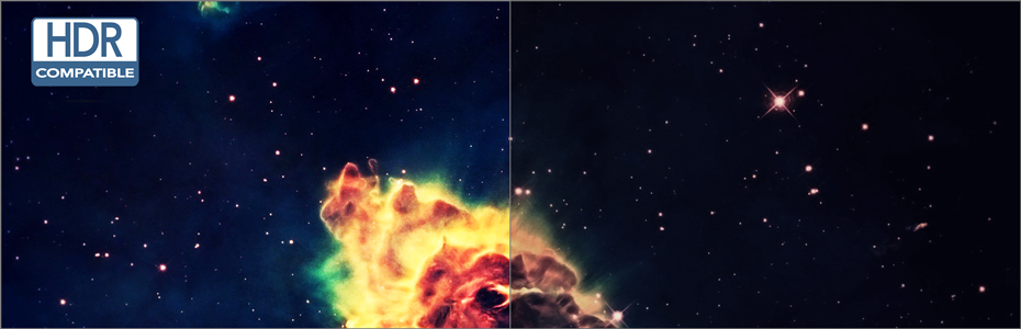 Bild vom Universum mit HDR Vergleich - links mit HDR höhere Kontraste und kräftigere Farben - rechts ohne HDR mit matteren Farben und schwachen Kontrasten