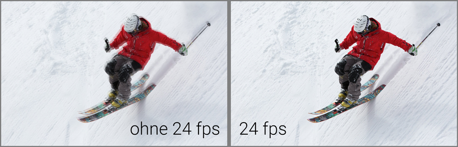 Srovnání jezdců na lyžích - vlevo bez 24 snímků za sekundu, obraz je rozmazaný - vpravo s 24 snímky za sekundu, obraz je jasný i přes rychlý pohyb